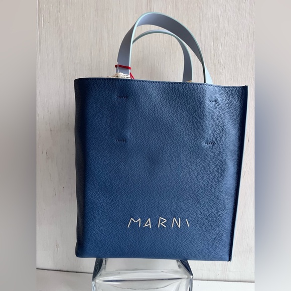 MARNI Museo Small Leather Tote Bag- Opal Cigar Light Blue - Picture 3 of 12